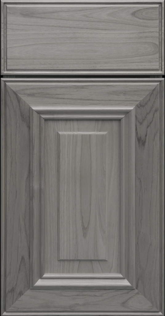 Custom Pewter Stain Anderson Raised Panel Kitchen Cabinet Door and matching Slab Drawer Front.